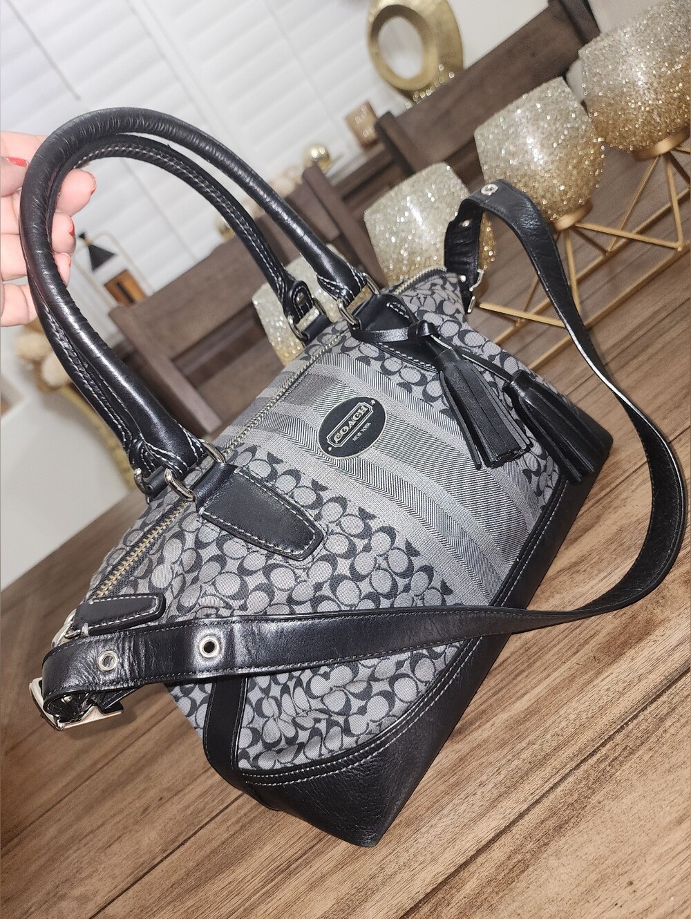 Coach Black & Grey Leather And Jacquard Canvas Shoulder Bag With Silver Hardware